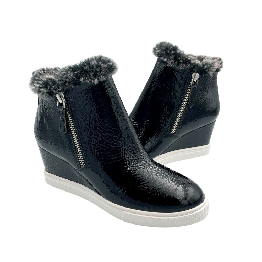 Linea Paolo Foxie Bootie Black Patent Leather Faux Fur Trim Wedge Sneakers